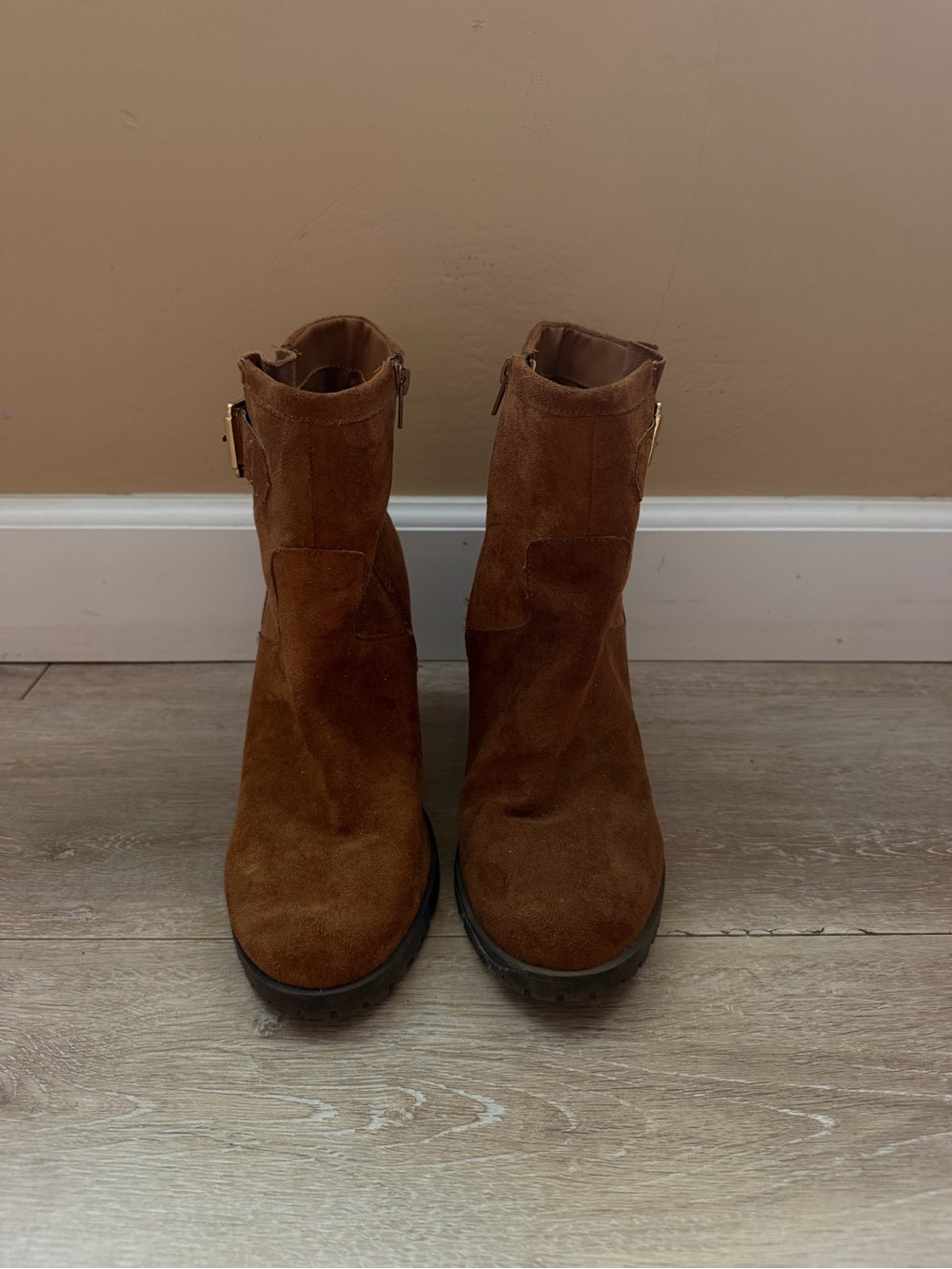 Women's Suede Ankle Booties with Side Zip in Chestnut Brown